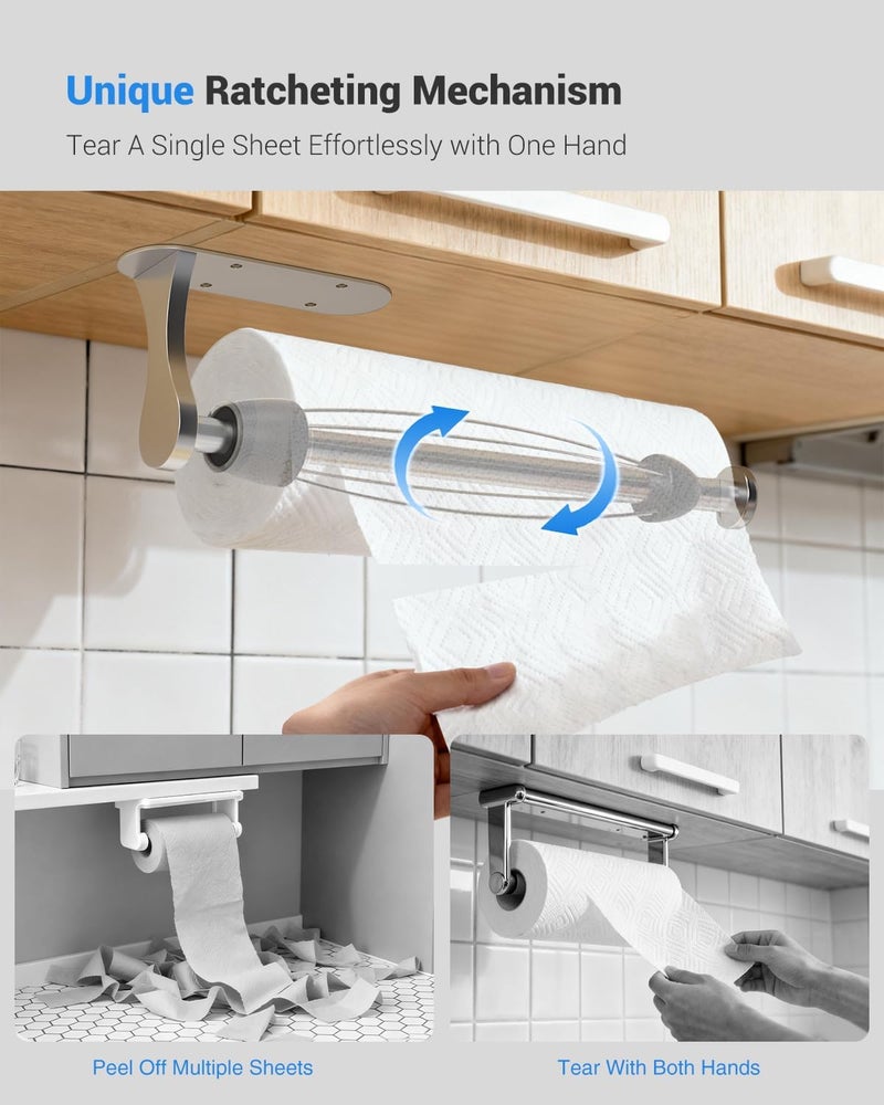 Swaitee Paper Towel Holder Under Cabinet, One-Handed Tear, Wall Mount, Adhesive, Silver, Paper Roll Holder with Ratchet Mechanism for Kitchen Bathroom Farmhouse Essentials Decor Accessories - Image 2